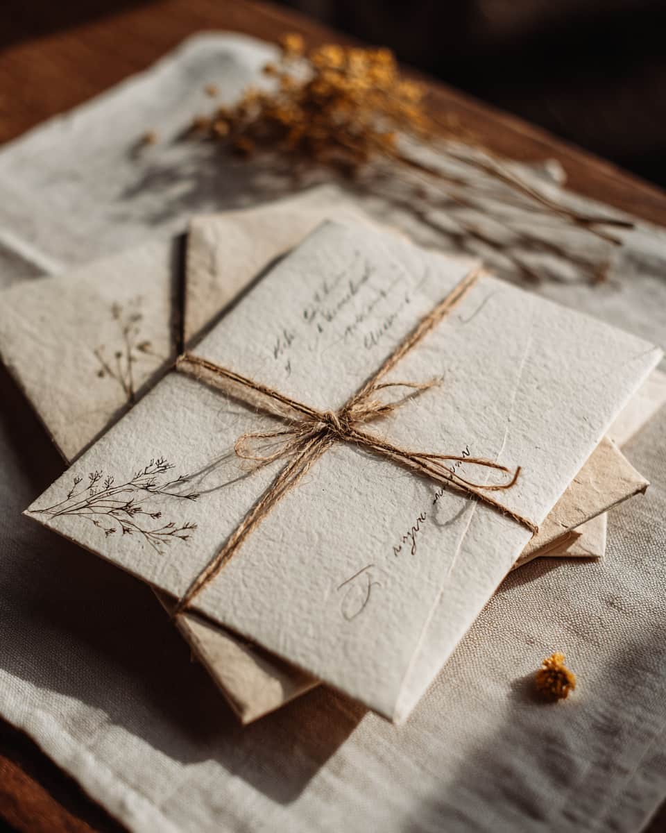 A softly styled editorial photograph of a stack of 3 botanical letters tied with natural twine, placed on a linen cloth atop a wooden table. Neutral cream envelopes with delicate handwritten script, subtle botanical illustrations peeking from one corner. A tiny glassine seed packet and a few loose dried petals nearby. Warm golden-hour window light, cinematic shadows, muted earthy color palette, minimal styling, premium lifestyle photography, shallow depth of field, intimate and tactile mood.
