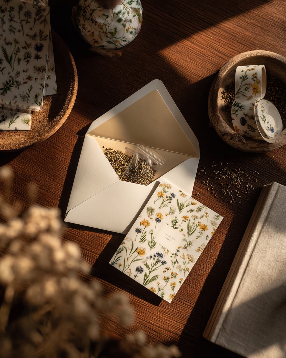 Open envelope with wildflower seeds, botanical card, and floral washi tape from Botanical Letter Club subscription