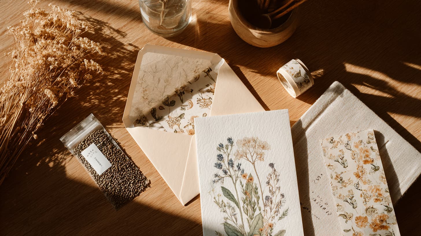 Botanical Letter Club mail subscription kit with envelope, wildflower seeds, botanical card, and washi tape on wooden table