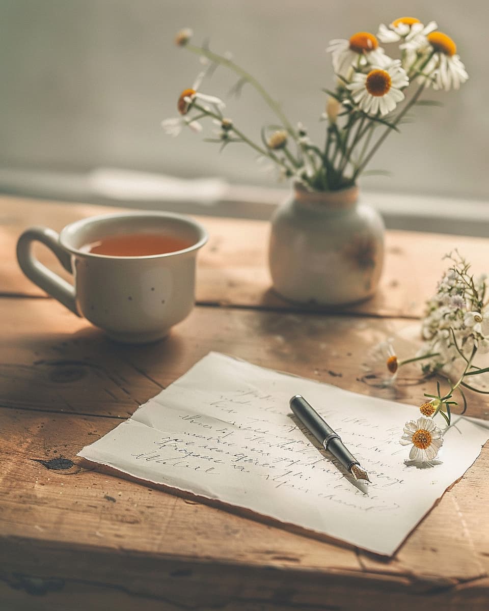 Handwritten letter on textured cream paper beside fountain pen and pressed flowers, soft golden morning light, minimal desk scene, ceramic cup of tea slightly out of focus, calm contemplative mood, editorial photography, muted earth tones