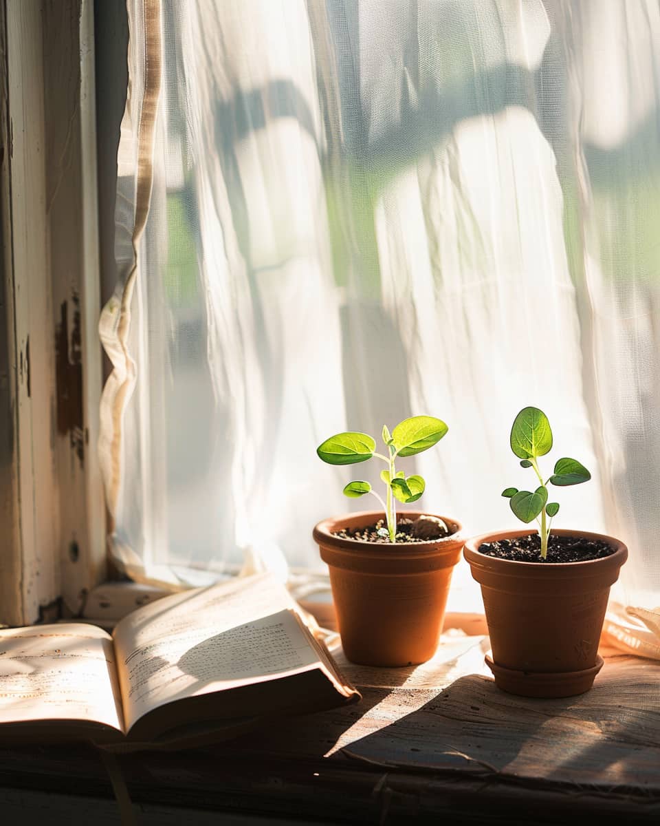 Small clay pots with newly sprouting seedlings on kitchen windowsill, early morning sunlight streaming through sheer curtains, warm natural glow, handwritten journal open beside them, peaceful quiet home atmosphere, soft film photography style